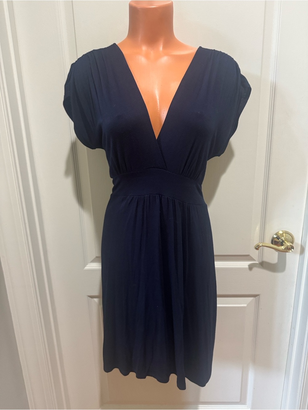 TAMMY MARS Semi Sheer Navy Blue Knit Surplice V Neck Dress M Medium $50 EUC KL